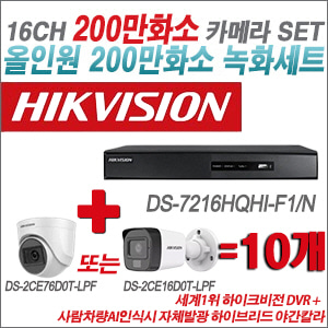 [TVI2M] DS7216HQHIF1/N 16CH + 최고급형 200만화소 카메라 10개 SET (실내3.6mm출고/실외형품절)