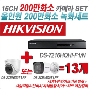 [TVI2M] DS7216HQHIF1/N 16CH + 최고급형 200만화소 카메라 13개 SET (실내3.6mm출고/실외형품절)