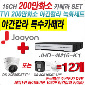 [TVI2M] JHD4M16K1 16CH + 하이크비전 200만화소 야간칼라 카메라 12개 SET (실내형/실외형 3.6mm 출고)