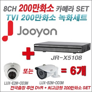 [TVI2M] JRX5108 8CH + 최고급형 200만화소 카메라 6개 SET (실내3.6mm출고/실외형품절)