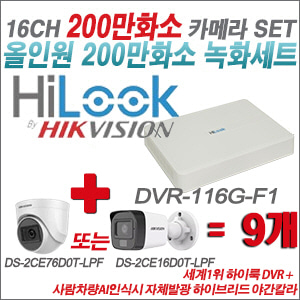 [올인원2M] DVR116GF1 16CH + 최고급형 200만화소 카메라 9개 SET (실내3.6mm출고/실외형품절)