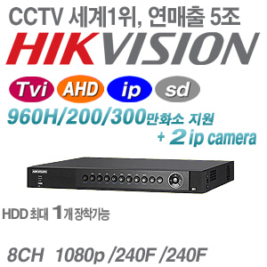 [TVI 2M/3M/AHD] [세계1위 HIKVISION] DS-7208HUHI-F1/N [1HDD + 2IP TVi3.0 리얼타임 ]