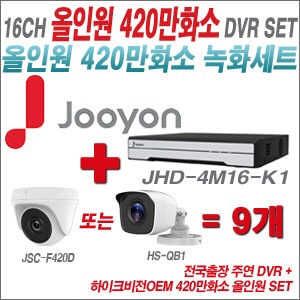  [올인원-4M] JHD4M16K1 16CH + 하이크비전OEM 420만화소 정품 카메라 9개 SET (실내/실외형3.6mm출고)