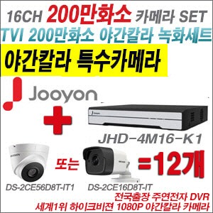 [TVI-2M] JHD4M16-K1 16CH + 하이크비전 200만화소 야간칼라 카메라 12개 SET (실내3.6mm/실외형2.8mm출고)
