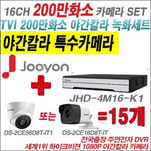 [TVI2M] JHD4M16K1 16CH + 하이크비전 200만화소 야간칼라 카메라 15개 SET (실내3.6mm/실외형 품절)
