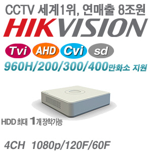 [올인원 4ML/3M/2M] DS-7104HQHI-K1/HK [H.265+ +2IP 최대압축녹화 TVi4.0]