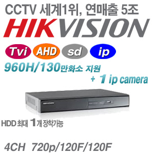 [TVI AHD] [세계1위 HIKVISION] DS-7204HGHI-F1 [1HDD +1IP TVi3.0]
