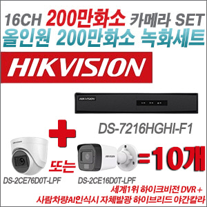 [TVI2M] DS7216HGHIF1 16CH + 최고급형 200만화소 카메라 10개 SET (실내3.6mm출고/실외형품절)