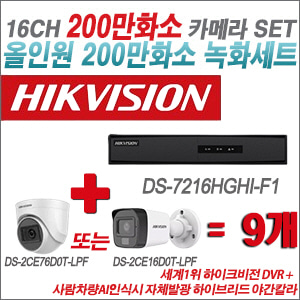 [TVI-2M] DS7216HGHIF1 16CH + 최고급형 200만화소 카메라 9개 SET (실내3.6mm출고/실외형품절)
