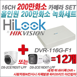 [올인원-2M] DVR116GF1 16CH + 최고급형 200만화소 카메라 12개 SET (실내3.6mm출고/실외형품절)